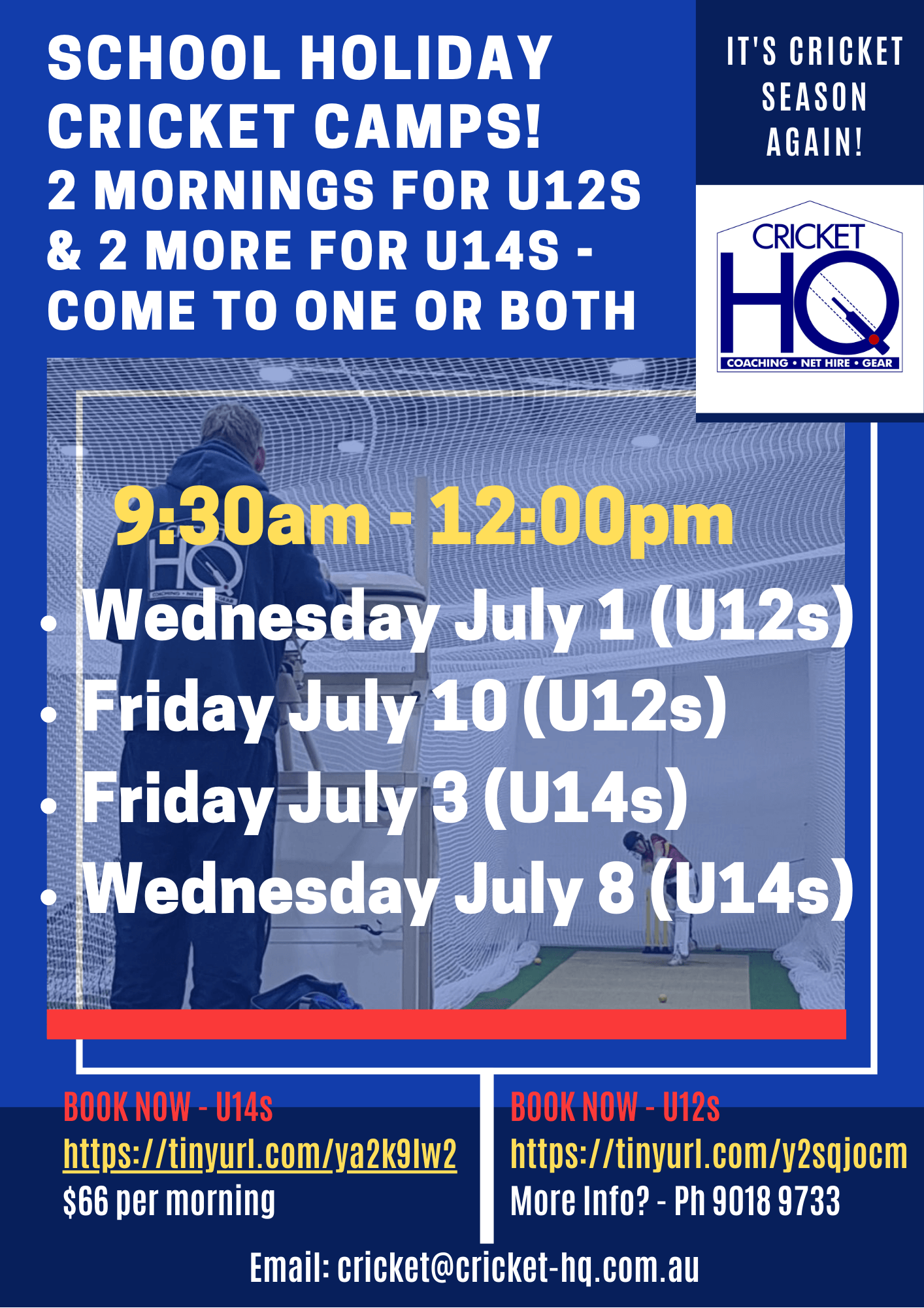 School Holiday Cricket Camps open for Bookings